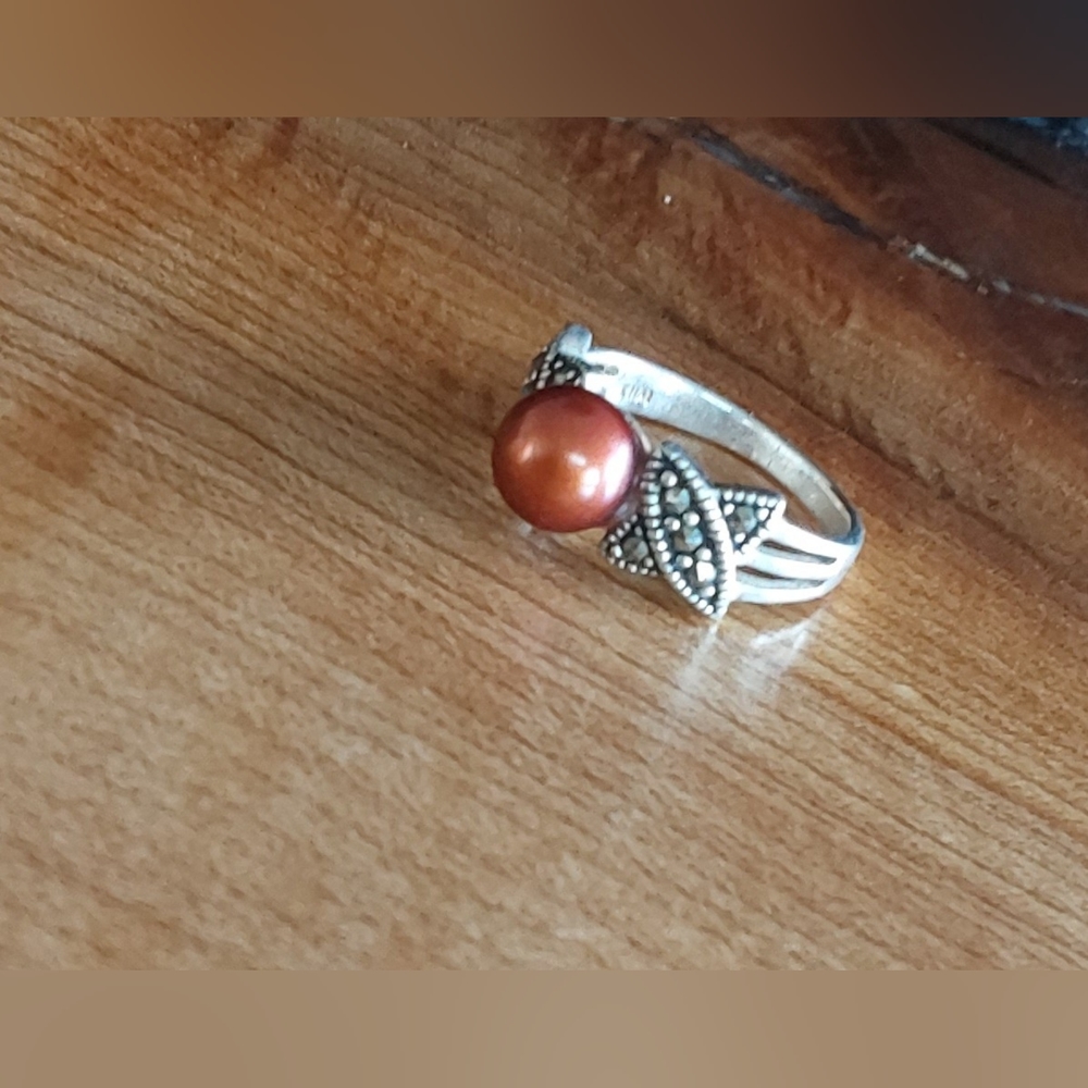 VINTAGE MARCASITE & BRONZE PEARL 925s RING 7